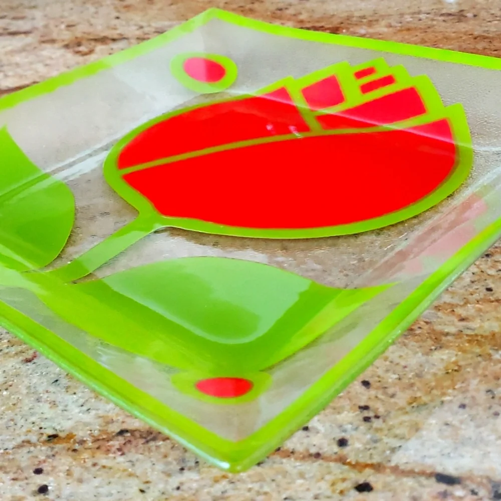 VTG 60S COLONY Glass Red Tulip & Green Leaf Clear Glass Square Serving Dish